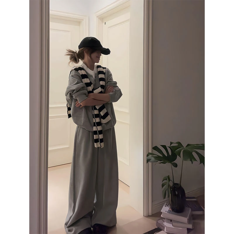 韩系休闲运动套装女2025秋冬季新款圆领长袖卫衣披肩阔腿裤三件套