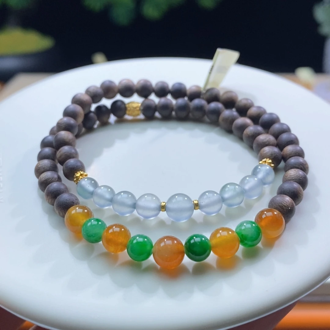 翡翠未镶嵌颈饰翡翠18k金浓彩双圈手串