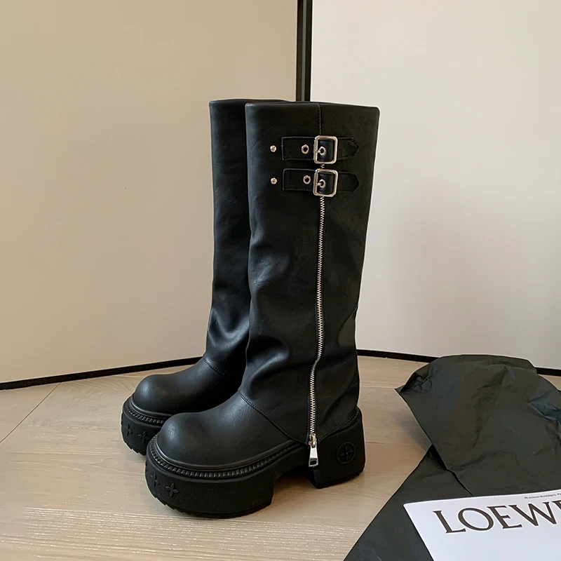 8cm厚底高筒靴裤管靴2025秋冬款圆头潮流及膝靴长靴复古长筒靴女