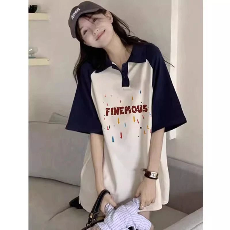 初中学生大版美式复古POLO衫短袖t恤女洋气夏季大童高中宽松上衣