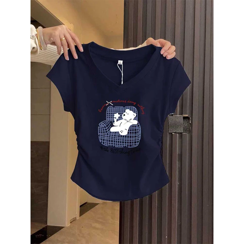 小众正肩V领卡通短袖t恤女装设计感侧边收腰修身藏青色上衣打底衫