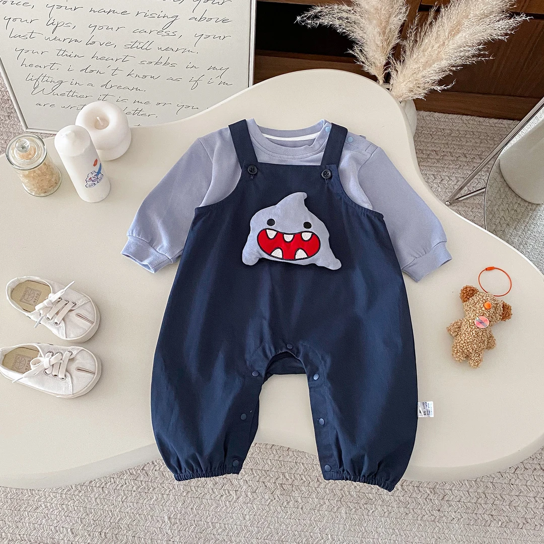 点3755）秋季新款婴幼儿卡通背带哈衣套装宝宝打底衫连体衣两件套