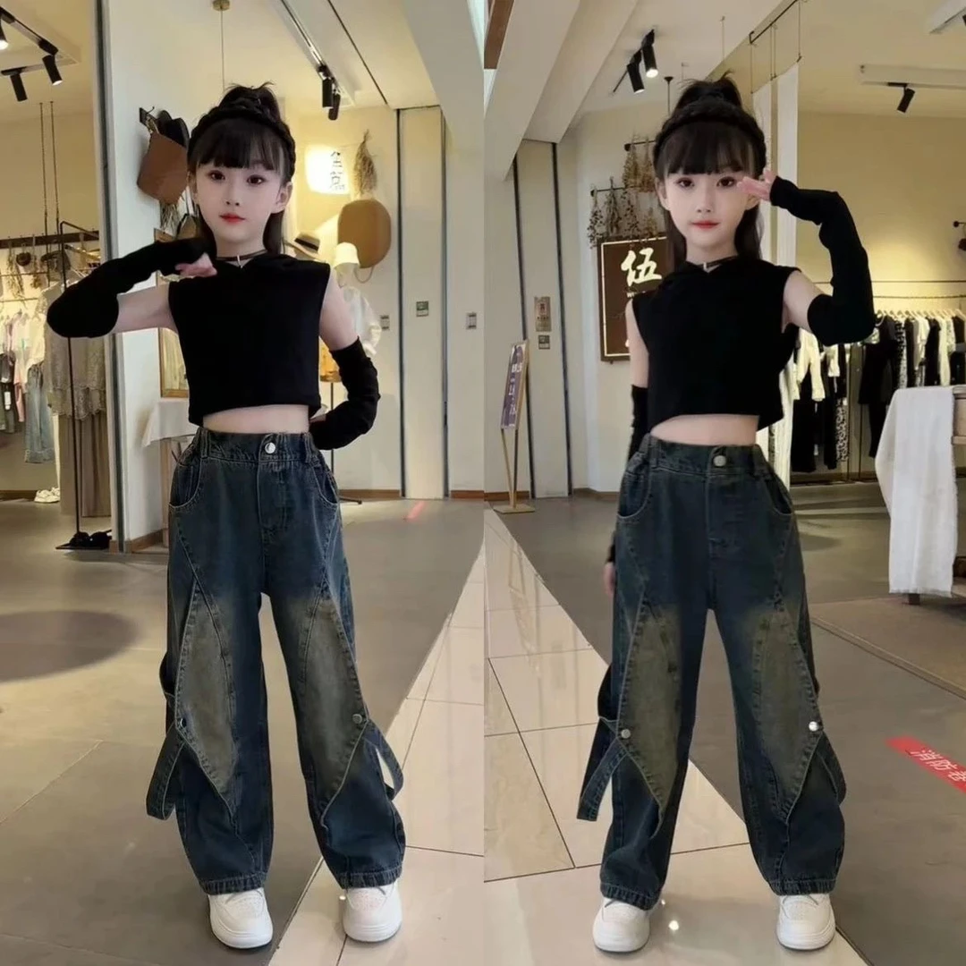 女童秋季爵士街舞套装中大童时髦洋气连帽上衣牛仔阔腿裤两件套潮