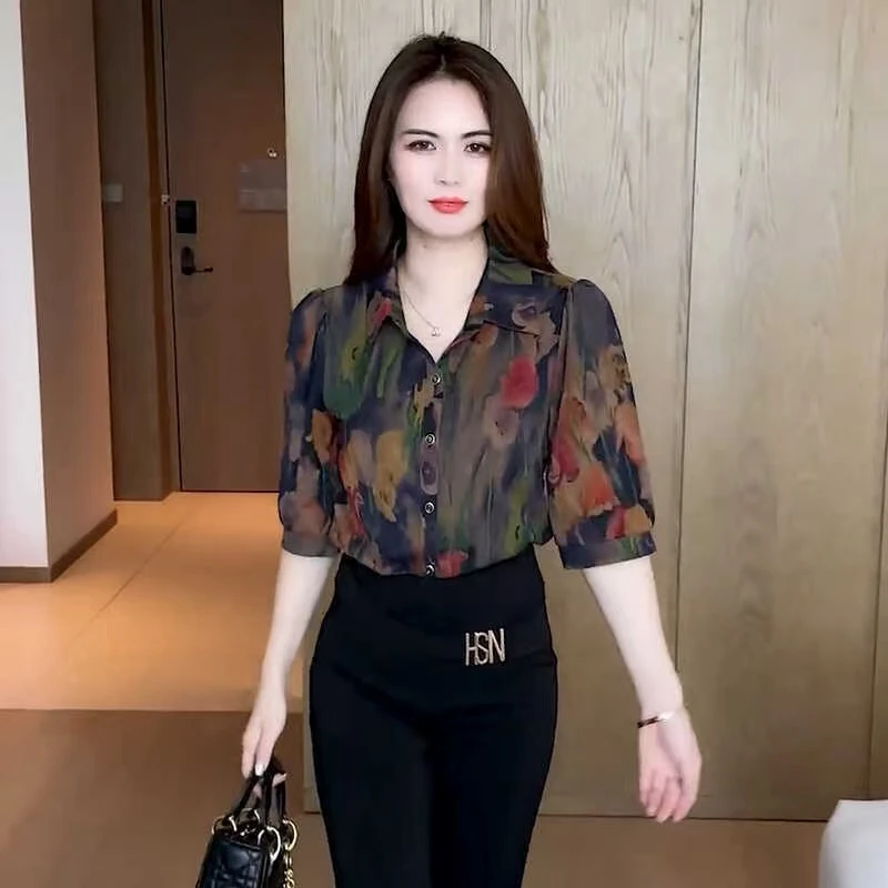 时尚冰丝缎夏季新款衬衫女士显瘦减龄中袖上衣开衫妈妈装休闲衬衣