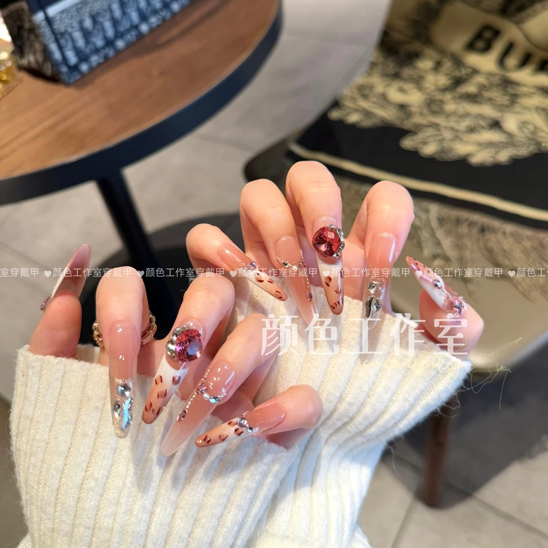 【守护甜心】手工甜美冰透法式碎钻粉色豹纹甜酷辣妹穿戴甲贴片美甲