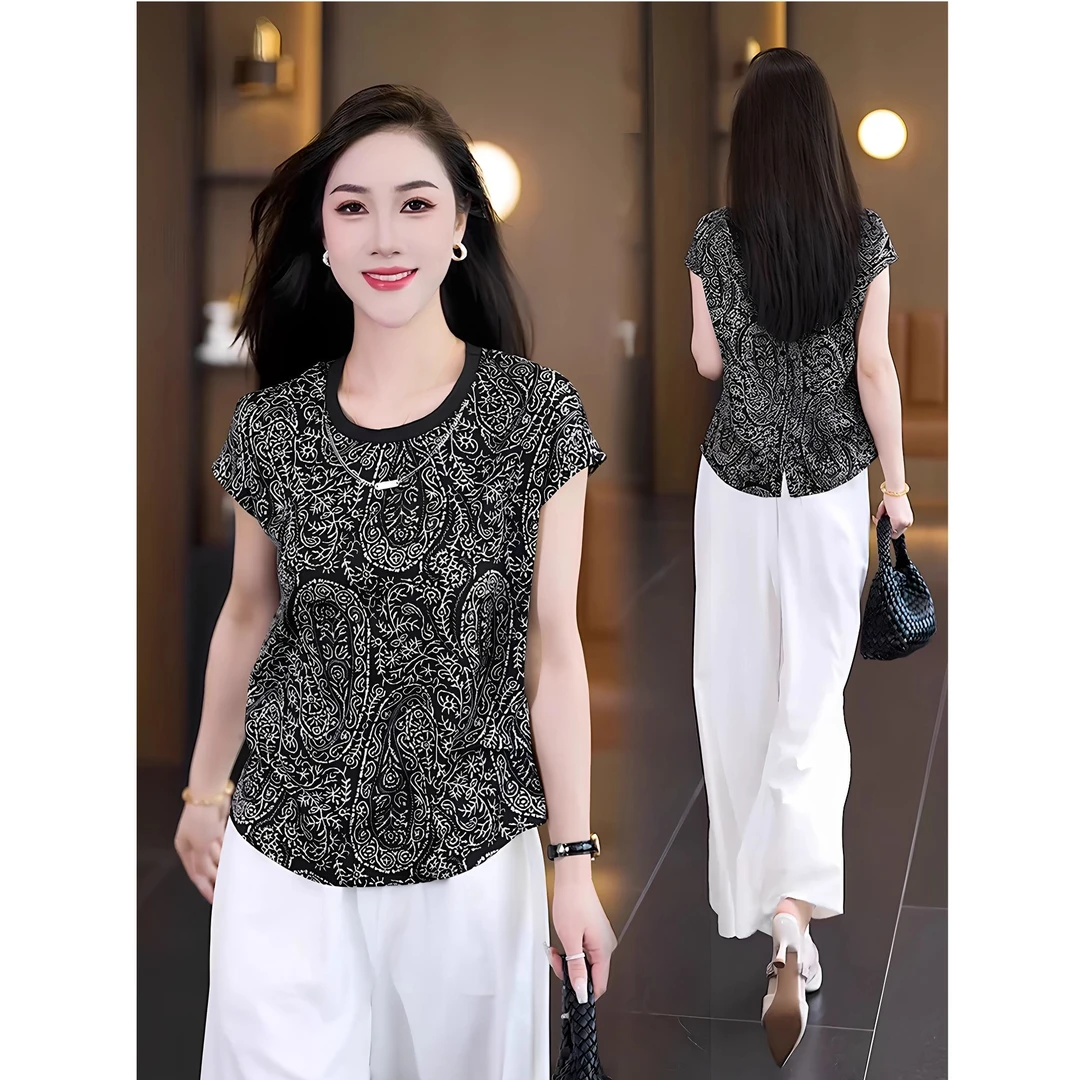 时尚套装女2025夏季新款印花减龄显瘦圆领T恤上衣阔腿裤两件套潮