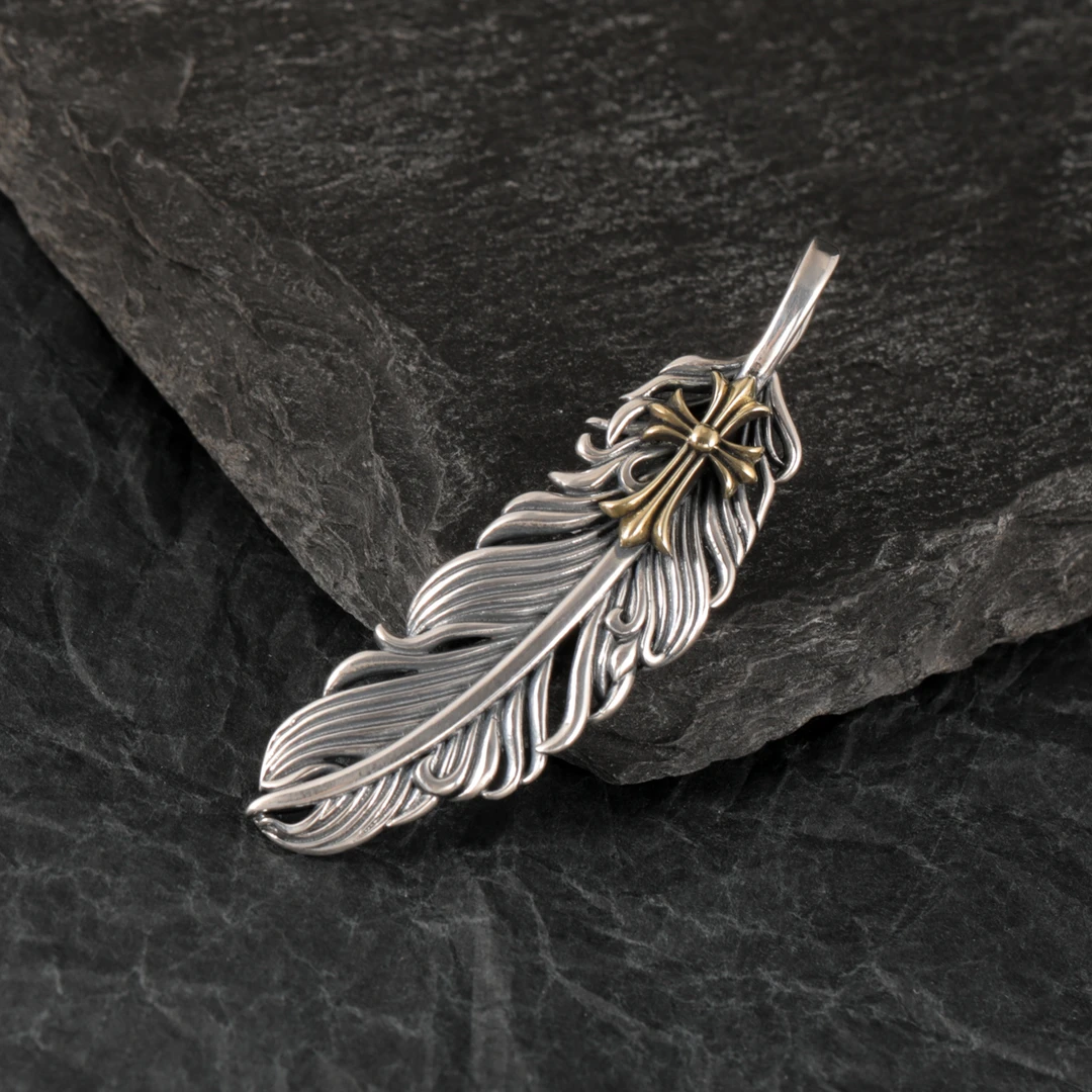 吊坠925银 片羽吉光十字架羽毛吊坠个性嘻哈复古做旧项链坠子挂件