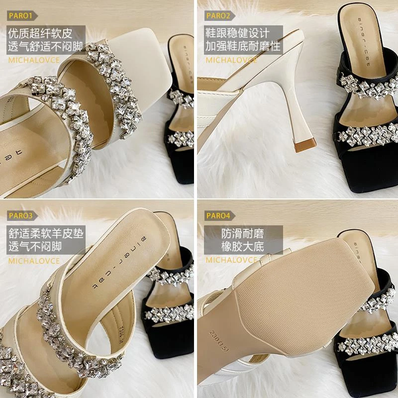 细跟方头凉鞋女款年春秋新款外穿露趾性感水钻一字带凉拖