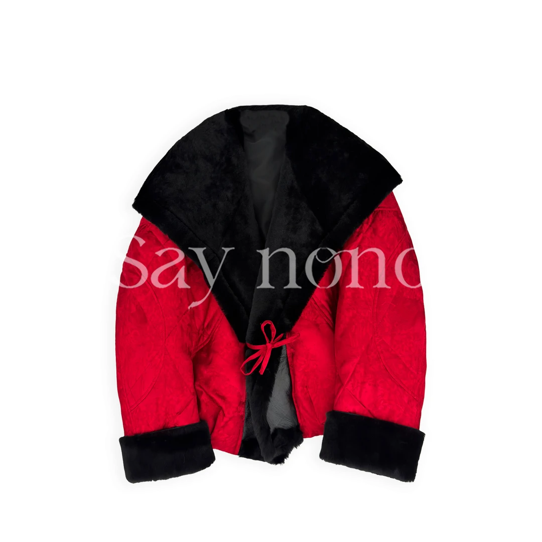 懒猫nono│Saynono 红色翻领皮毛一体毛领高级白鹅绒外套GN06282AY