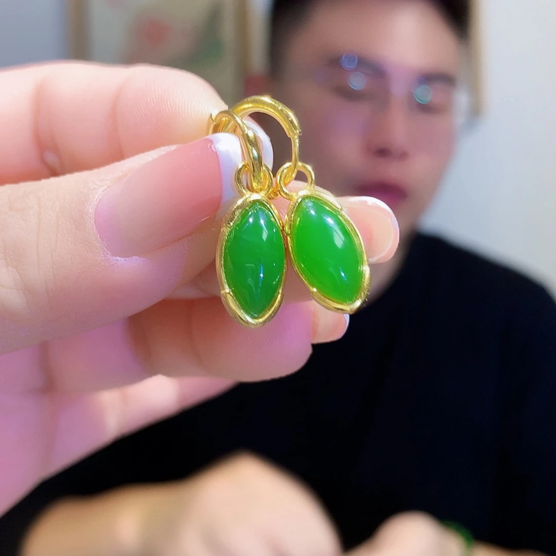 和田玉（碧玉）耳饰银S925镀金镶嵌