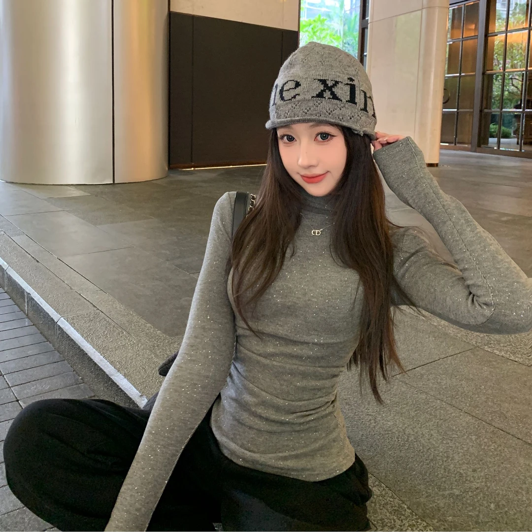 细闪加绒 掐腰半高领打底衫女2024冬季修身显瘦长袖上衣【运补6-8】