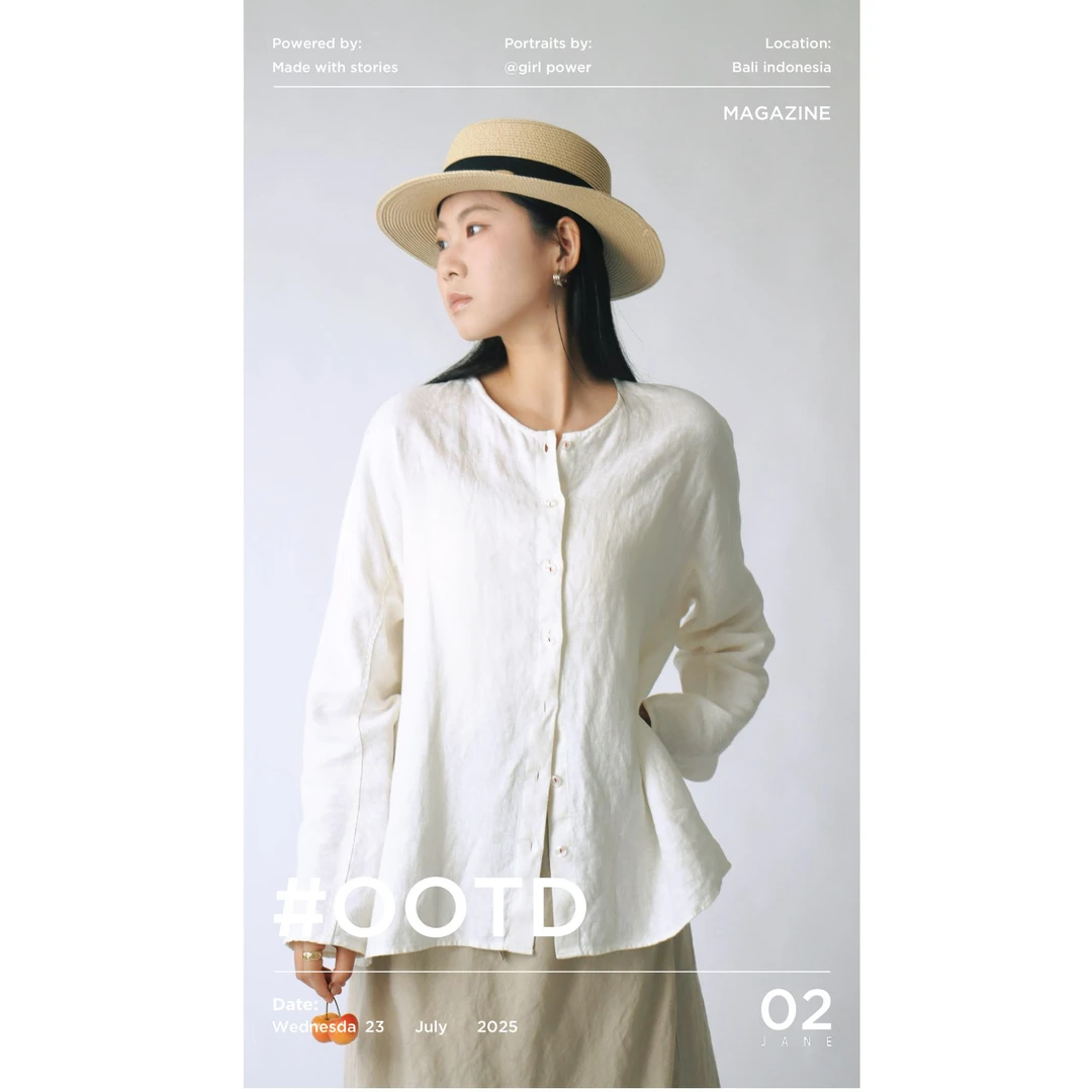 100亚麻 休闲无领格子夹克衬衫1570