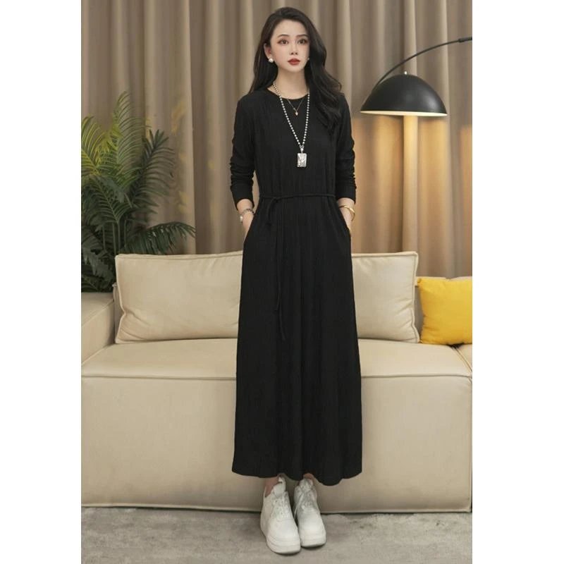法式连衣裙黑色显瘦修身大码宽松长袖中长款裙子