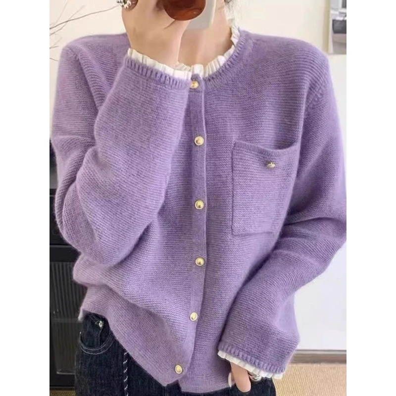 法式轻奢~女士小香风蕾丝圆领羊毛针织开衫