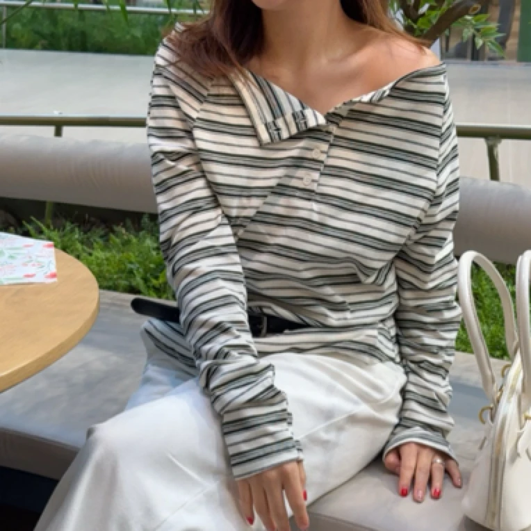 【金恩慧欧尼Hi mood】条纹一字领圆弧长袖T恤빈스T