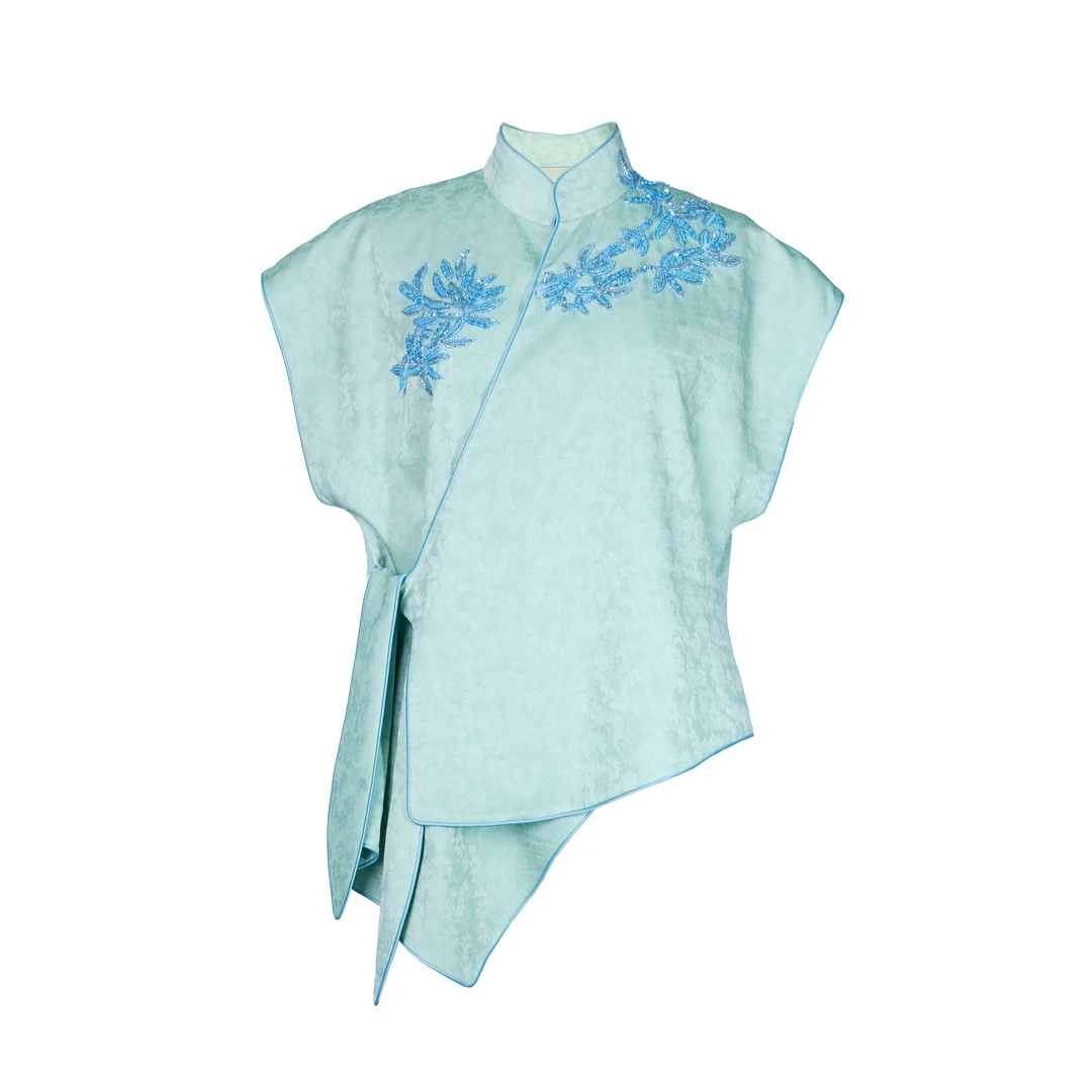 JUNYANG杨君 蕉鹃天水碧竹叶中式系带上衣