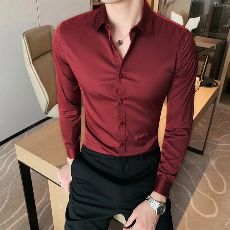 酒红色尖领衬衫男长袖高级感韩版休闲商务正装修身免烫抗皱衬衣服