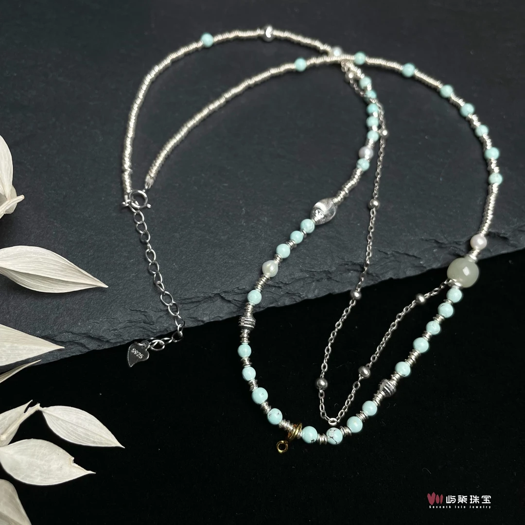 【要努力】A659 绿松石银925镶嵌 小单珠松松项链