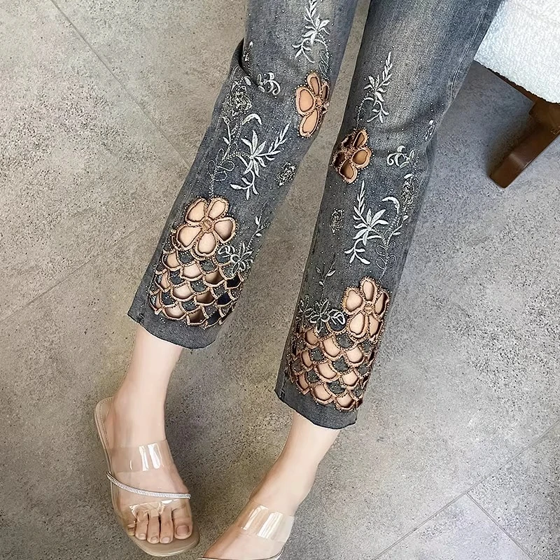 复古直筒牛仔裤女春夏薄显瘦小个子设计高级感镶钻刺绣烟管裤