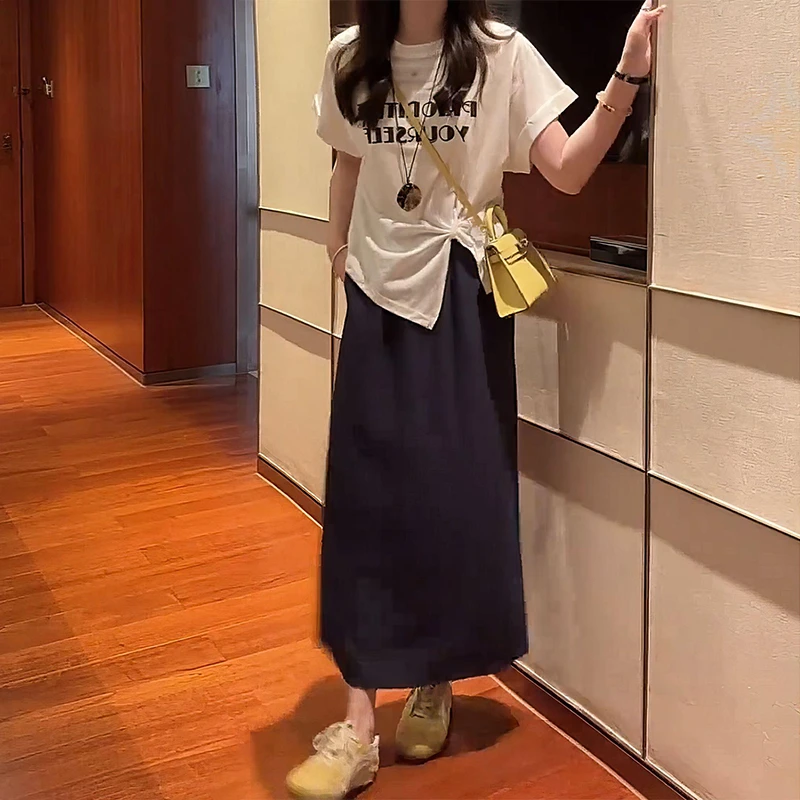 韩里韩气两件套不规则开叉下摆字母印花T恤女休闲百搭半身裙套装