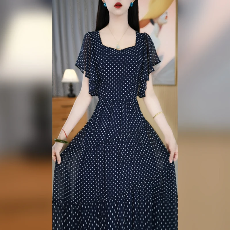 赛菲雅方领波点连衣裙女夏季2025新款收腰减龄轻熟通勤风a字裙潮
