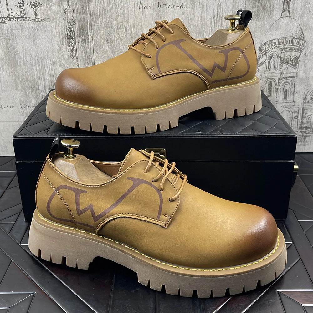 厚底皮鞋男2025新款英伦风复古皮鞋黄色内增高男鞋商务休闲西装鞋