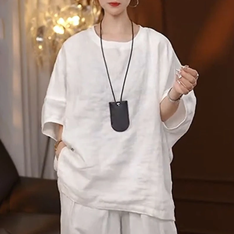 2025早秋新款女士白色亚麻T恤时尚减龄宽松遮肉显瘦高端棉麻上衣