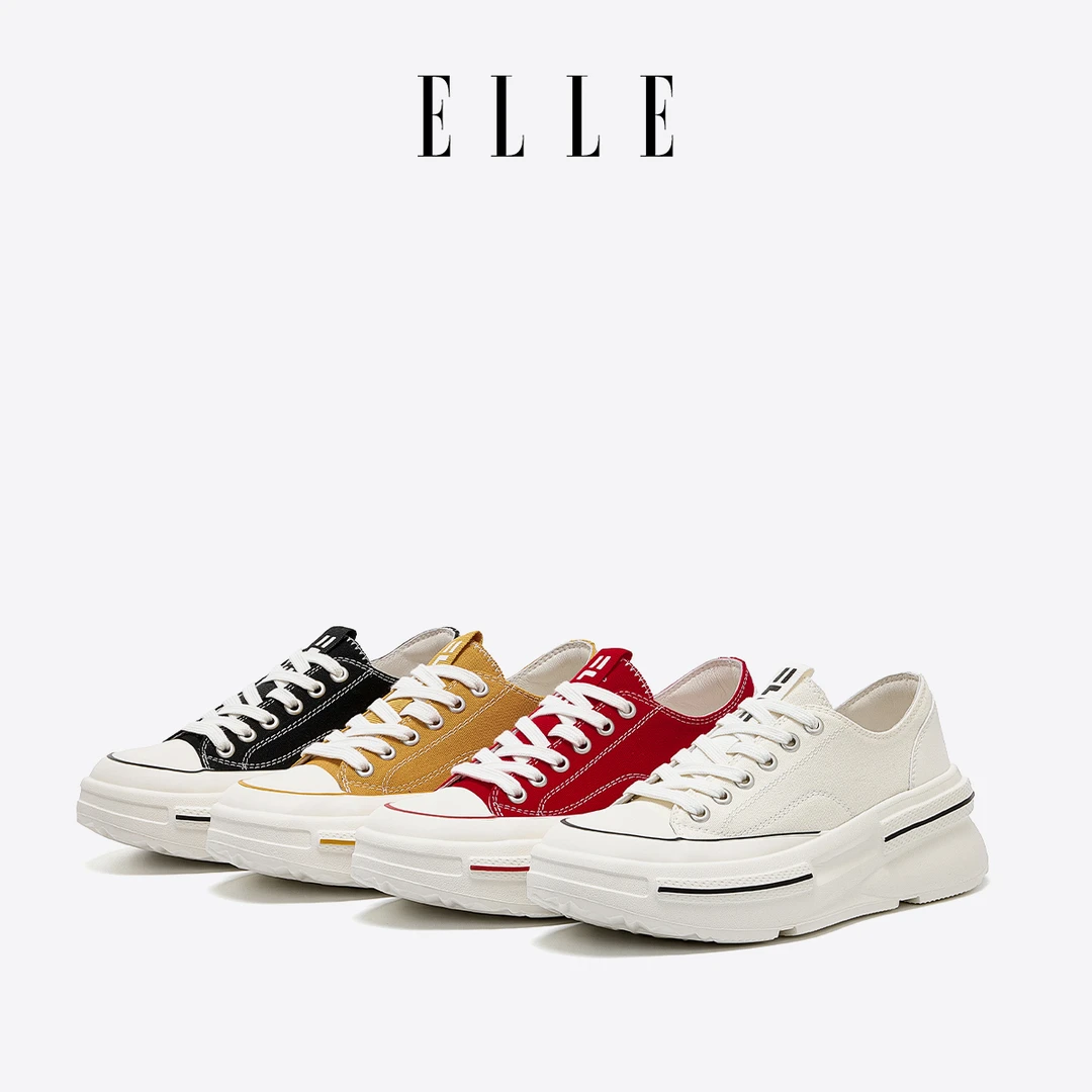 超级轻！ELLE羊皮厚底帆布鞋女款2025新款夏季薄款百搭小白鞋板鞋