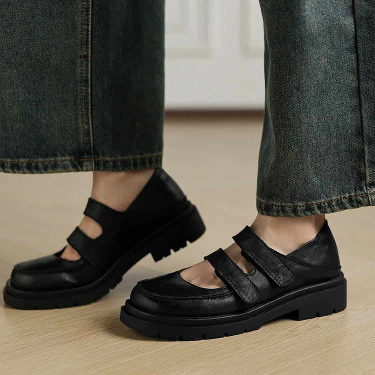 2025年夏季新款魔术贴玛丽珍鞋平底百搭小皮鞋时尚单鞋黑色女休闲