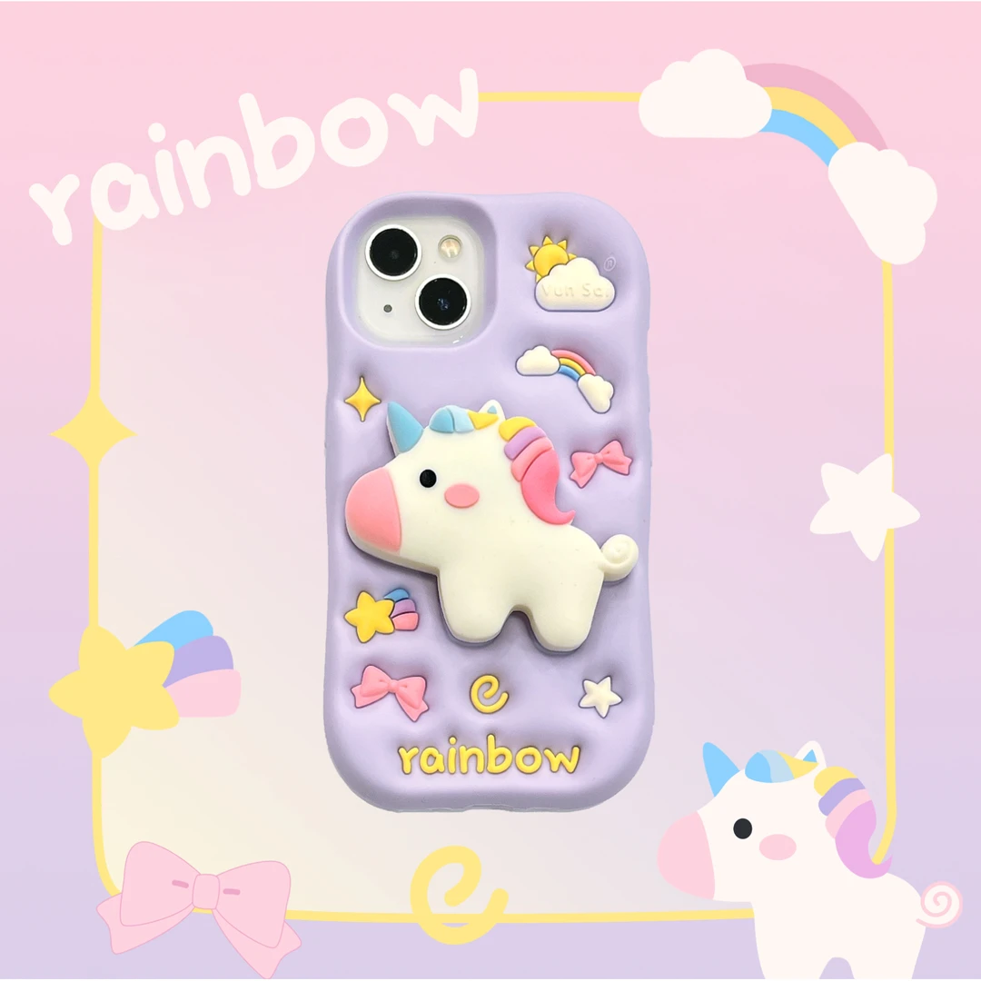 苹果|彩灯旋转木马独角兽支架适用iPhone17卡通ins可爱硅胶手机壳