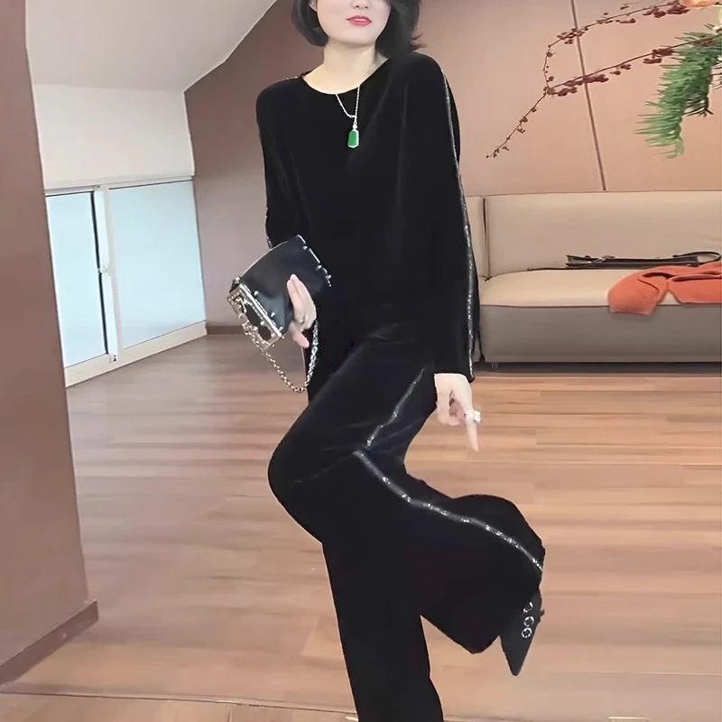 法式金丝绒休闲时尚套装女春秋款宽松慵懒风黑色上衣阔腿裤两件套