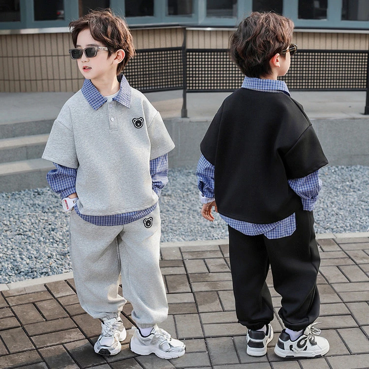 童装男童格子衬衣套装春秋装儿童假两件休闲衬衫两件套中小童衣服