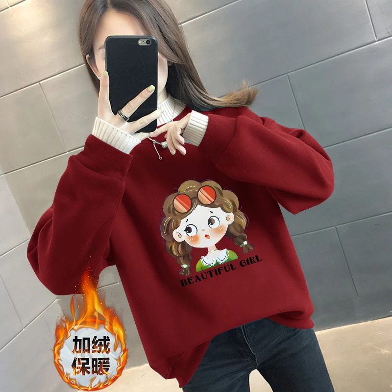 长袖时尚打底圆领常规款半高领秋季女白色卫衣加厚韩版印花百搭