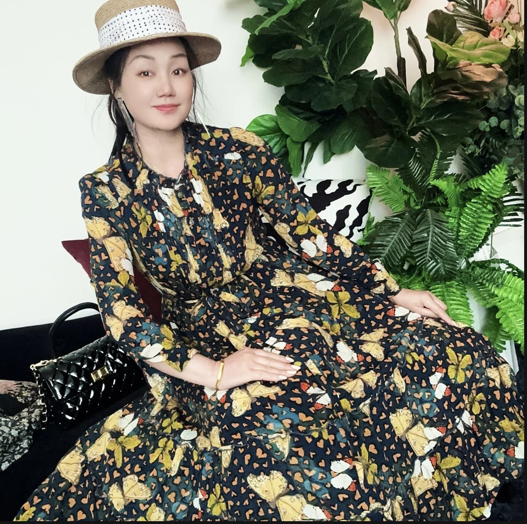 蝶舞飞扬双绉真丝连衣裙