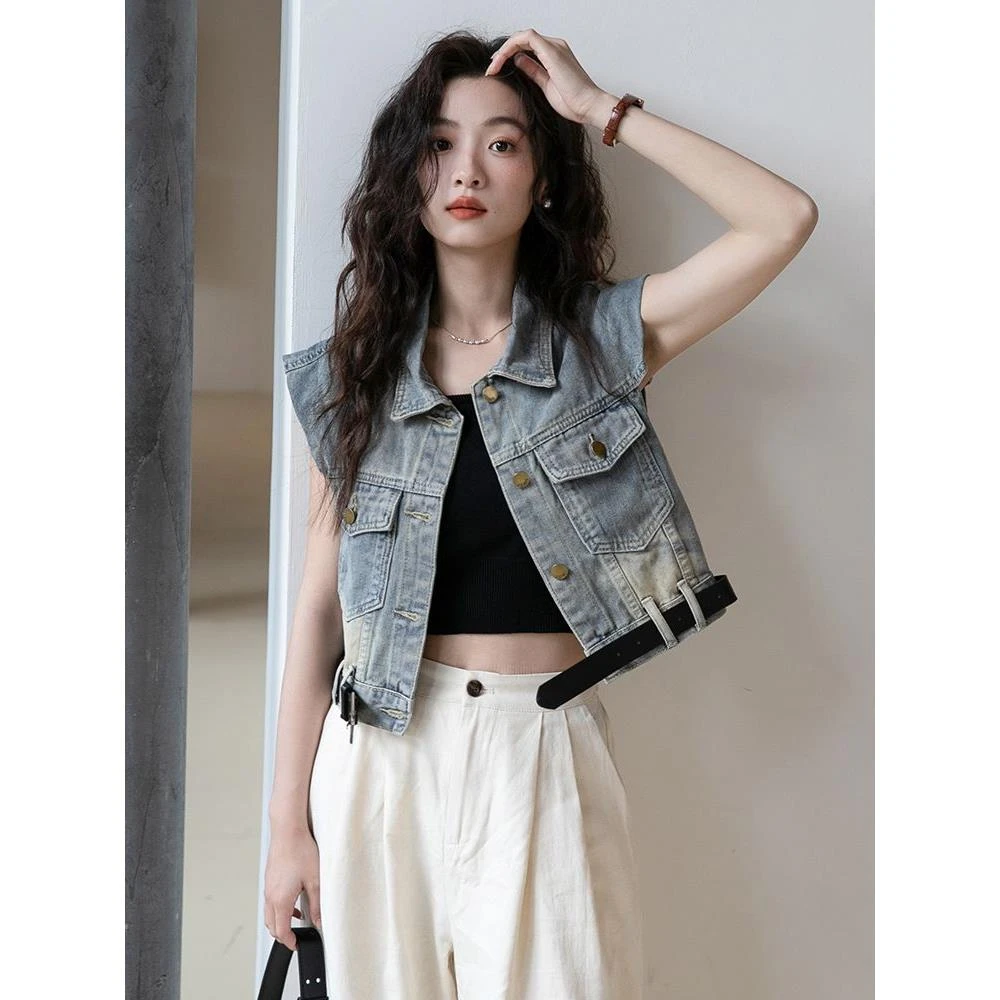 设计感牛仔马甲背心女夏季减龄小飞袖宽松复古坎肩短款外套上衣潮