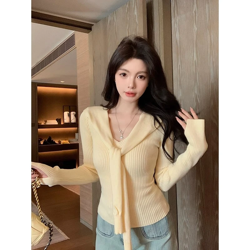 辣妹小众女上衣毛针织衫气质长袖一字领针织衫针织衫欧若新中式