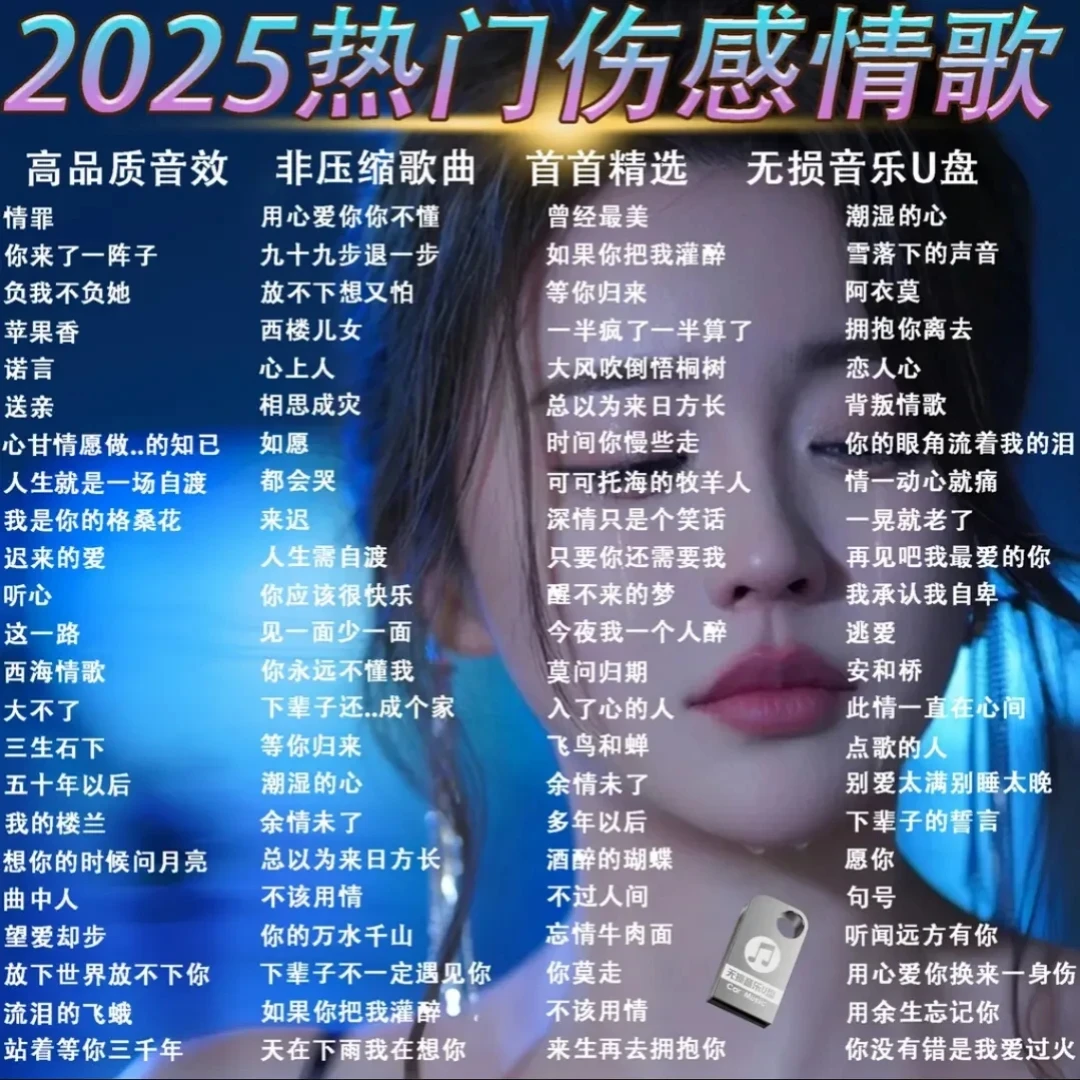 2025抖音超火伤感情歌高品质 车载音乐U盘 热门流行歌曲 即插即用