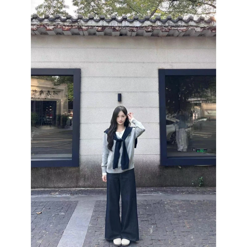 2025春季新款系带高腰套装阔腿裤韩系针织衫长袖披肩女显瘦收腰慵