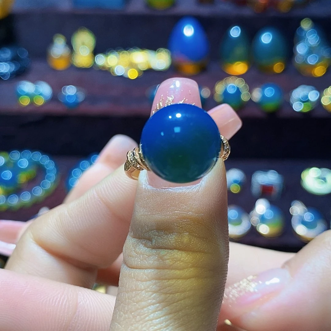 蓝珀戒指银S925镀金镶嵌尺寸12➕