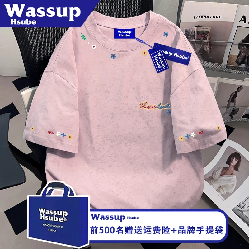 WASSUP HSUBE夏凉感纯棉男女新款上衣粉色蜡染T恤ins潮牌印花短袖
