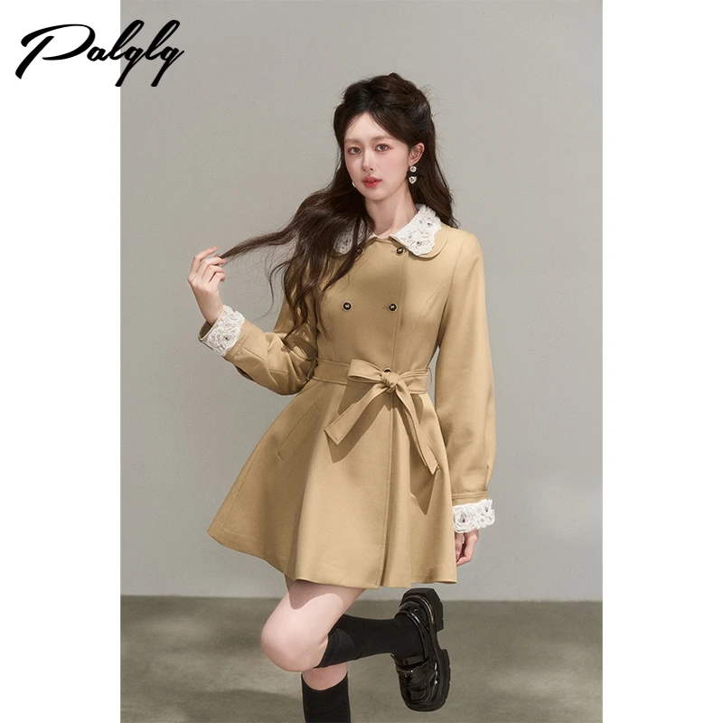 小香风拼接蕾丝卡其色风衣秋季系带中长款外套5344288