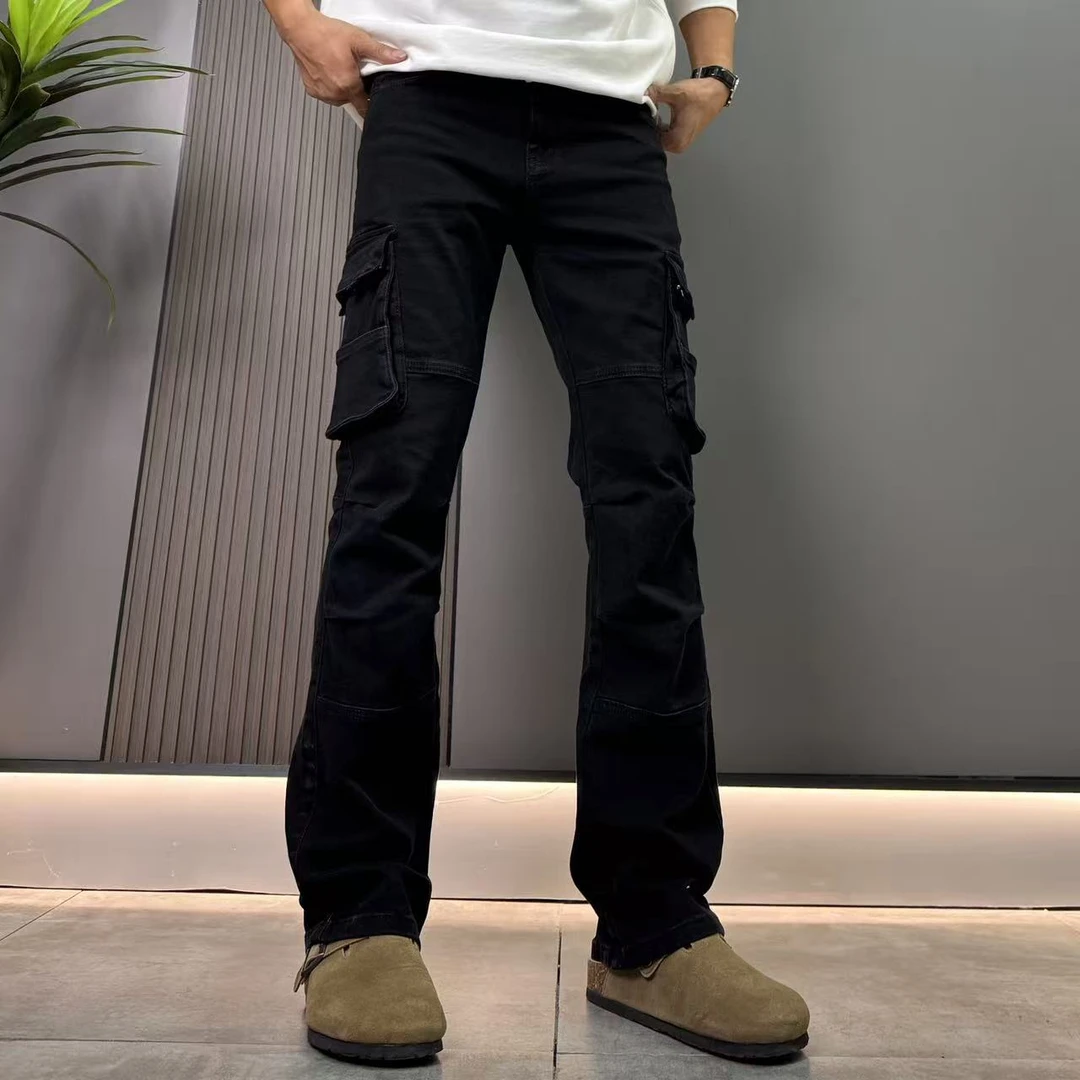 水洗工装多包微微喇vibe牛仔裤男生修身时尚百搭显腿长黑色高街