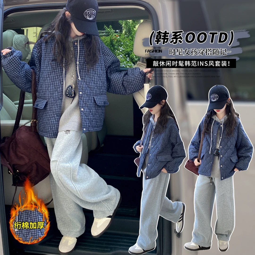 韩系女童秋冬加厚外套新款大童深秋加棉上衣毛衣帽衫加绒卫裤三件