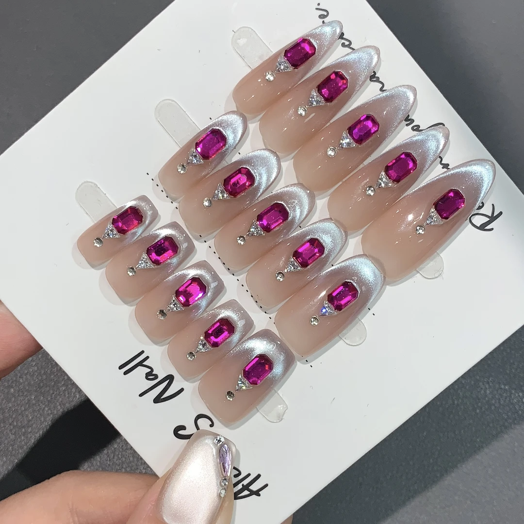 Alice·S指尖猫眼法式裸色玫红色贴钻气质纯手工网红美甲