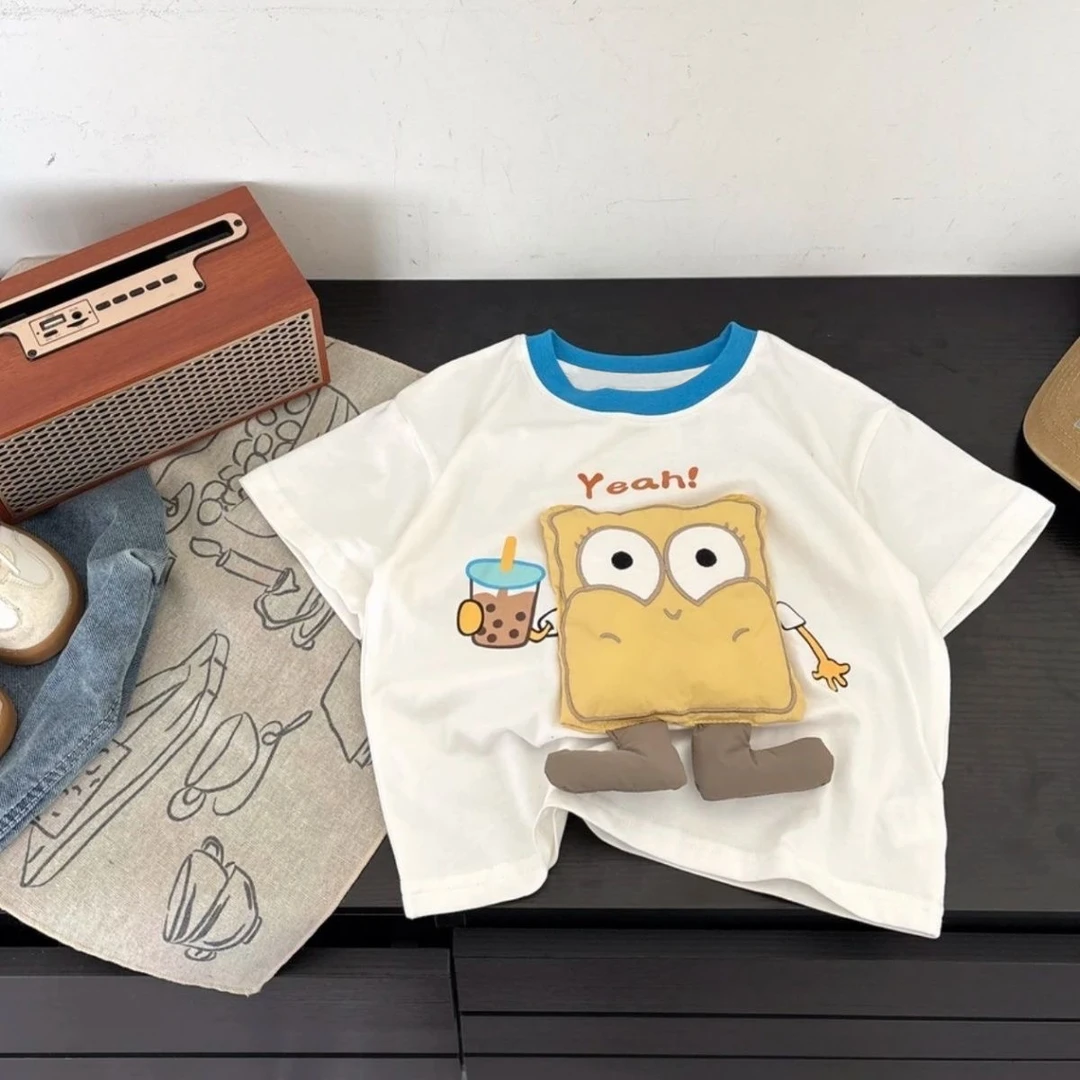 男女童短袖t恤纯棉夏季新款卡通立体玩偶宝宝上衣纯棉撞色儿童