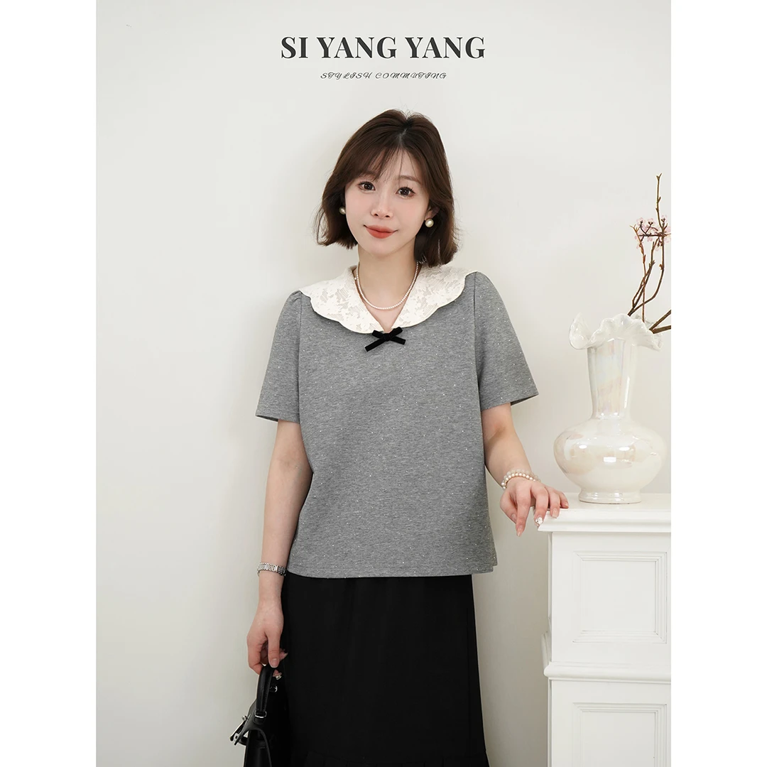 SIYANG高温烫钻新款大翻领经典花灰气质亲肤舒适T恤SY503A054SYY