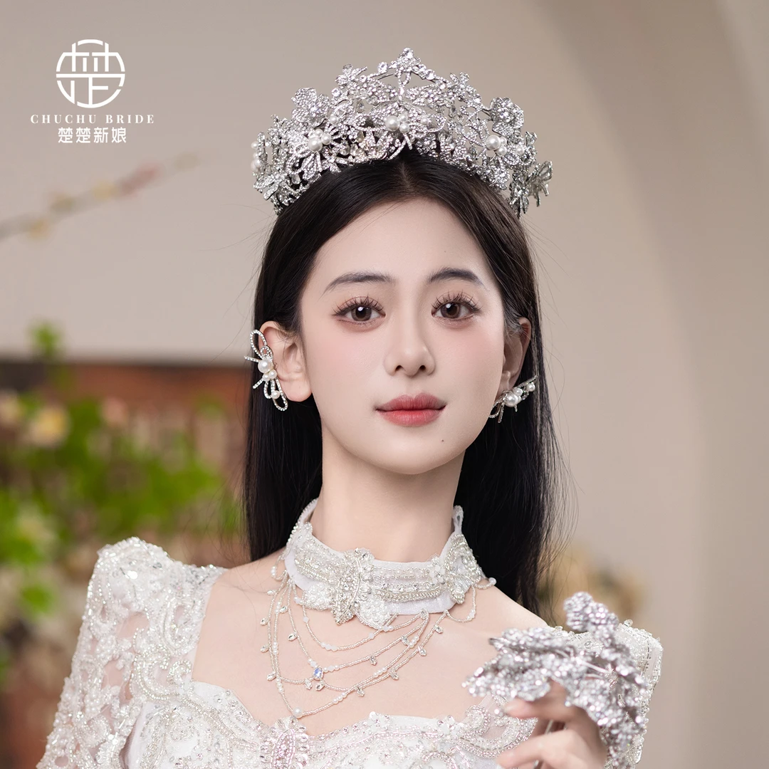 2025新款公主满钻皇冠额饰品新娘主婚纱头饰出门纱婚礼仪式发饰