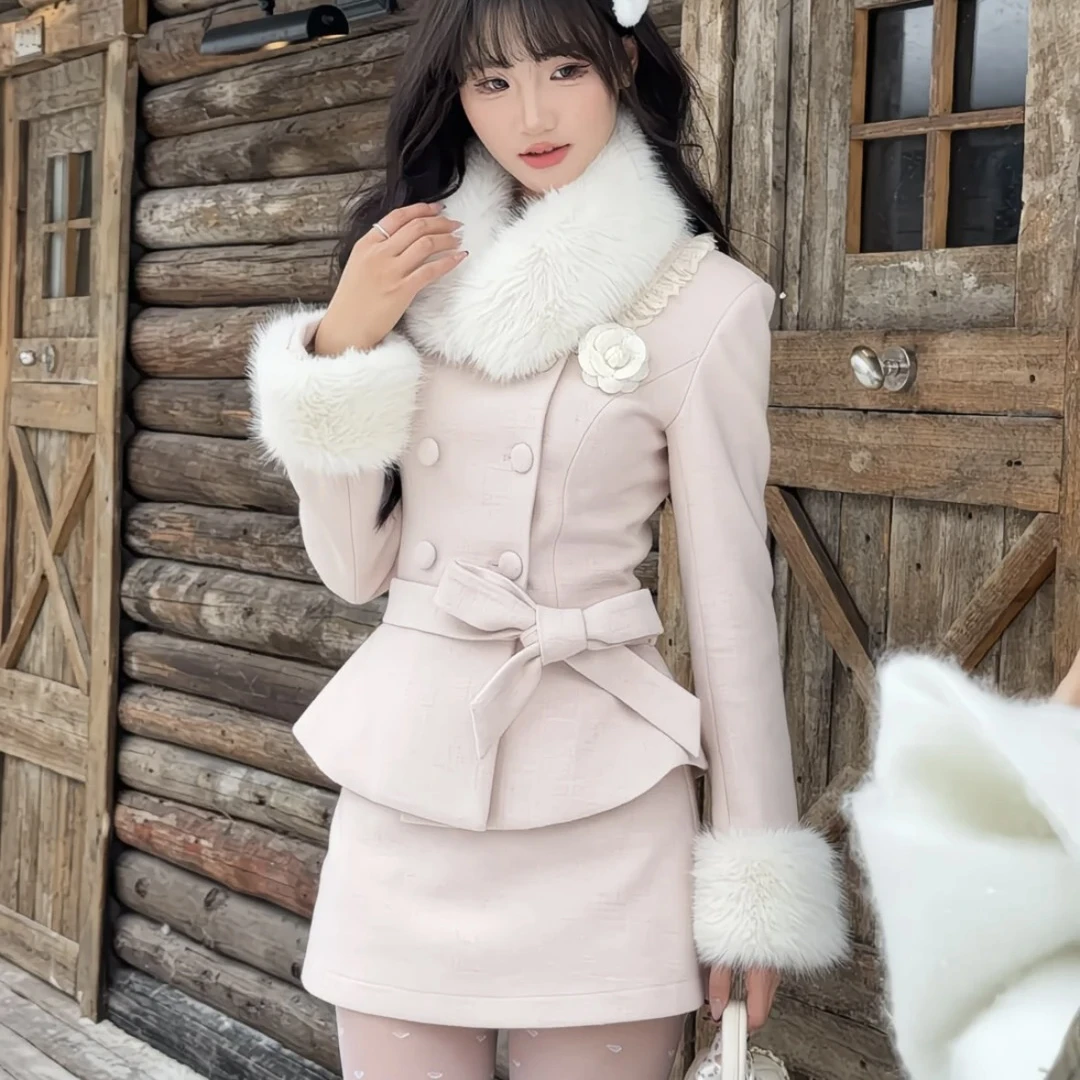 冬季新款千金感毛绒拼接长袖收腰外套纯欲名媛减龄包臀短裙两件套