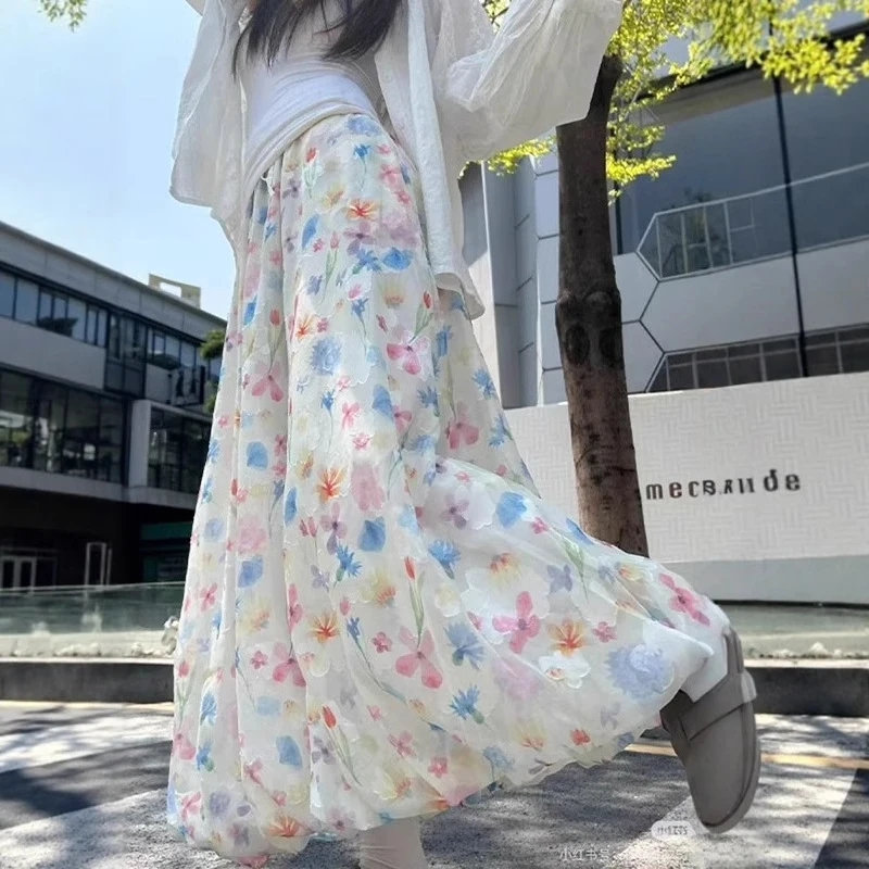 彩色花苞裙裤女2025夏季新款高腰显瘦a字半身裙裤垂感碎花阔腿裤