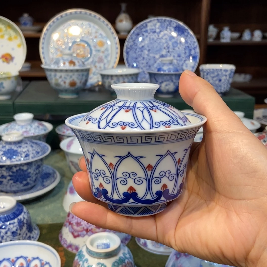 w雪山春晓红宝相盖碗